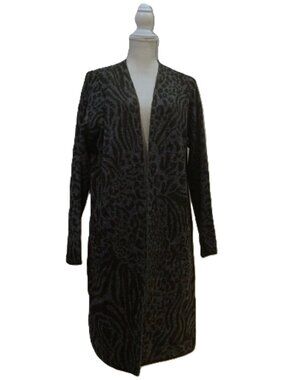 Fortune & Ivy Black Gray Animal Print Open Front Midi Sweater Cardigan Women’s L